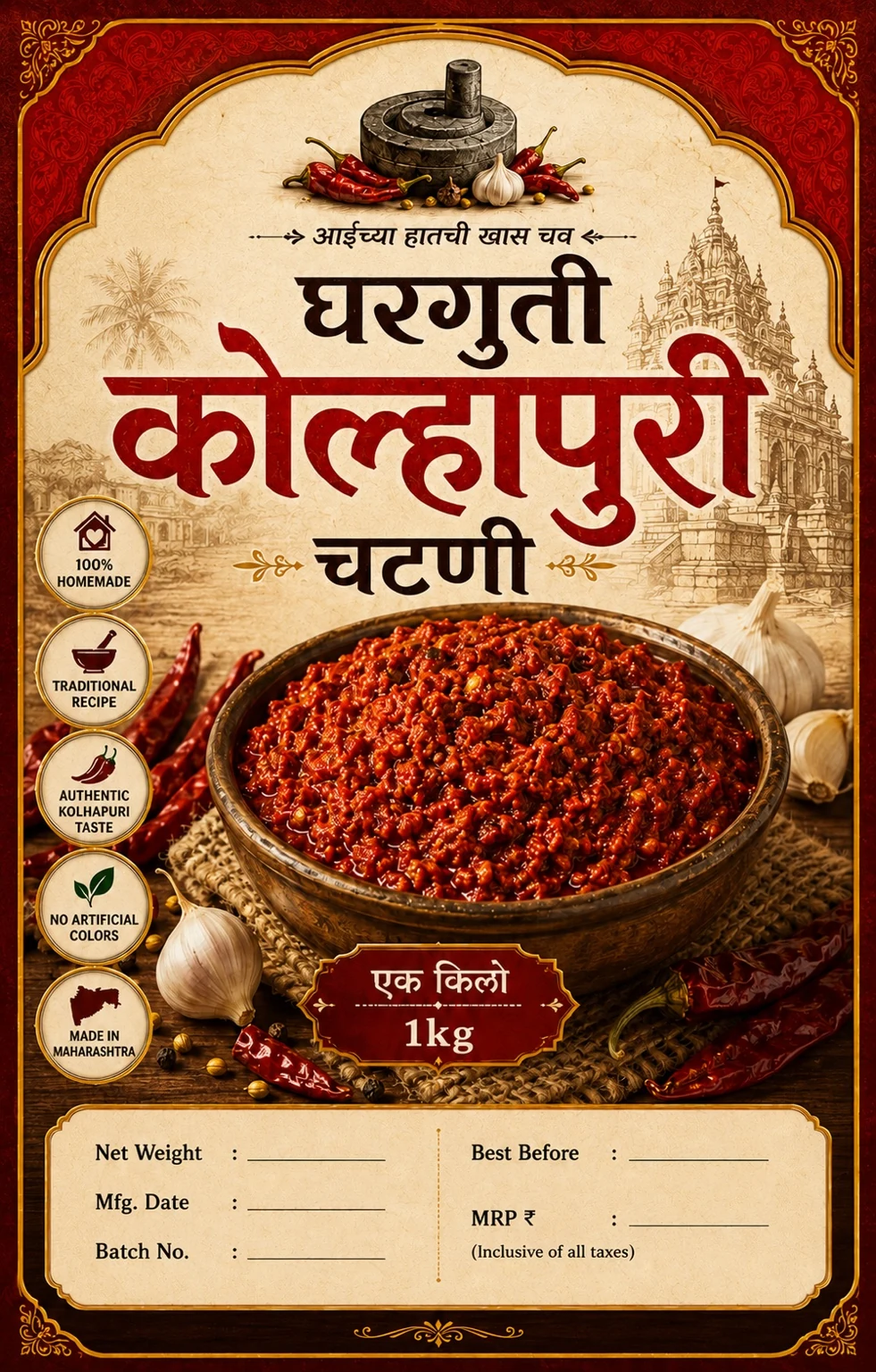 SANORA आईच्या हातची कोल्हापुरी चटणी 1 किलो पॅक