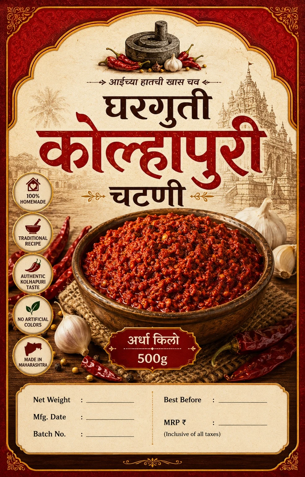 SANORA आईच्या हातची कोल्हापुरी चटणी 500 ग्रॅम पॅक